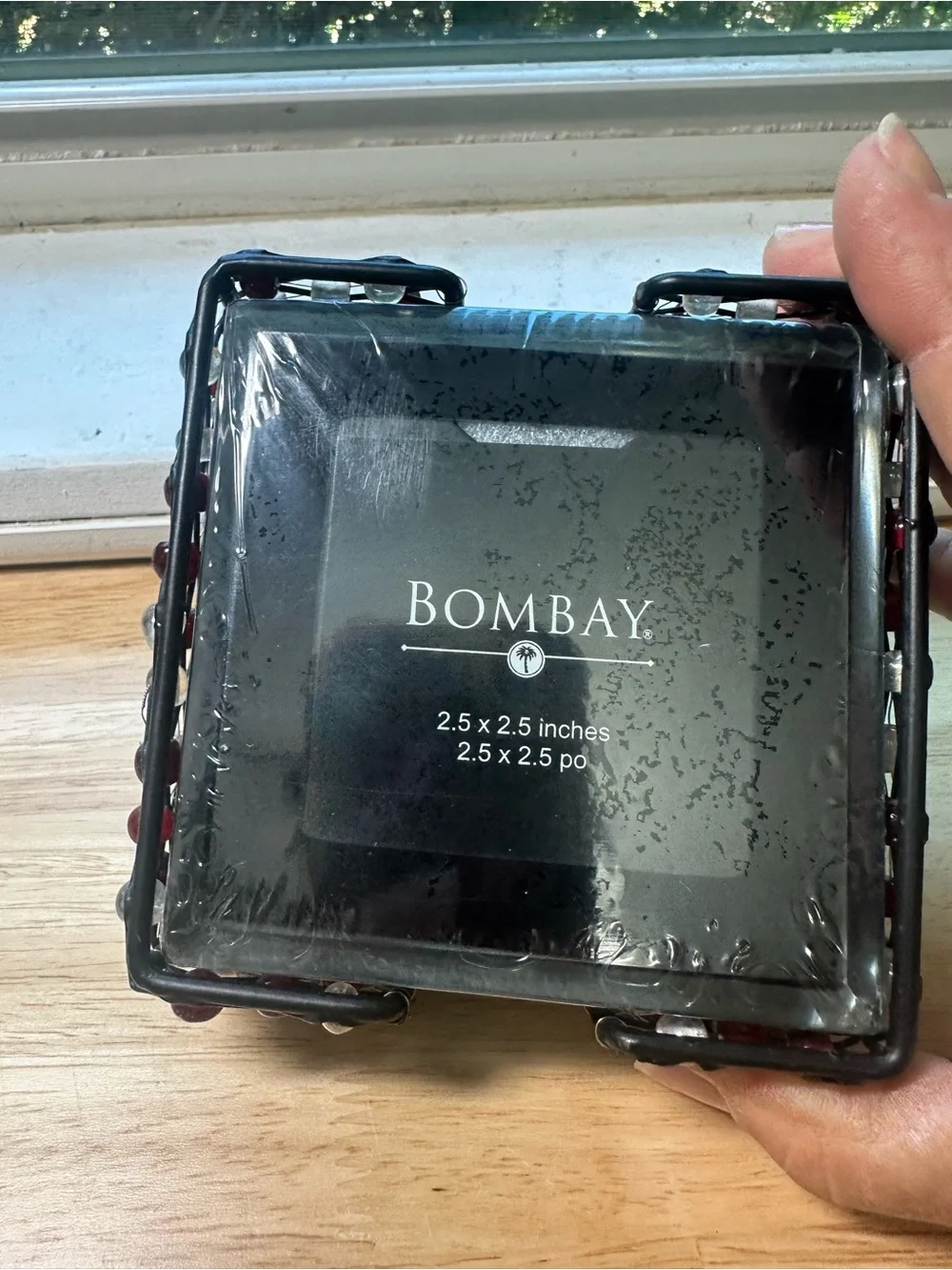 Bombay Co beaded caddy with four glass 2 x 5” x 2 x 5” photo coaster set